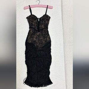 For Love And Lemons Gracie Dress, Black Lace Midi Dress With Tie Up Bust Size S